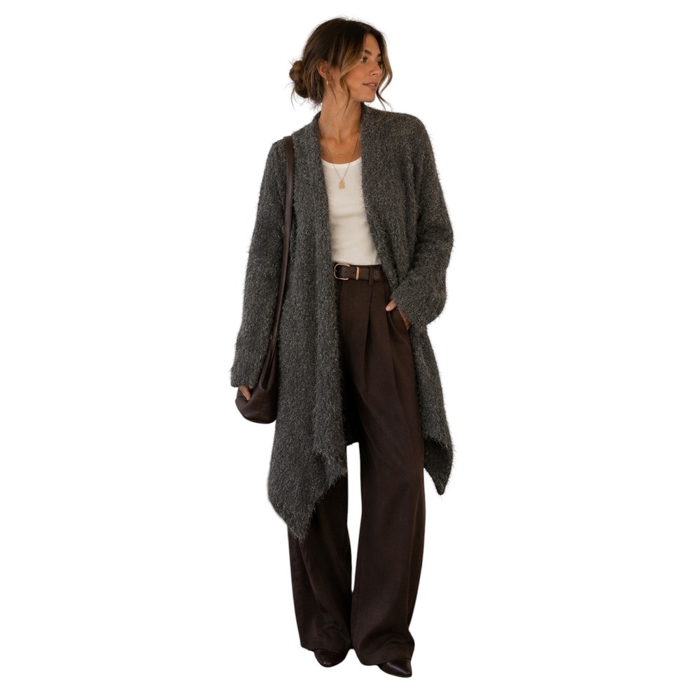 POL Fuzzy Eyelash Knit Long Cardigan M Gray Oversized Boho Duster